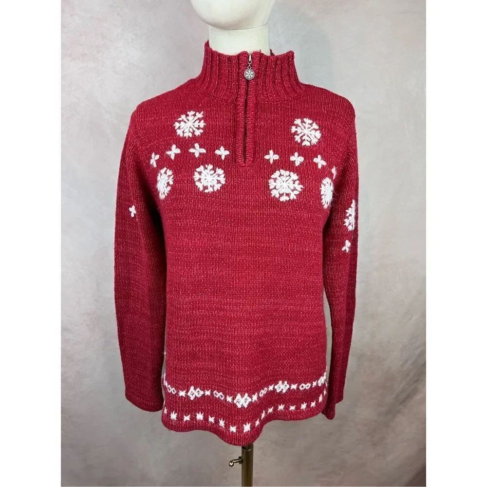 Vintage 1990s Northern Reflections Red Snowflake Sweater 1/4 Zip